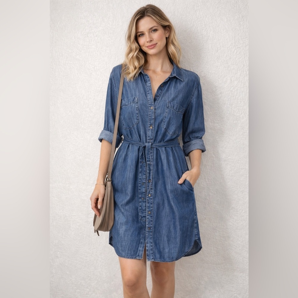 Soft Surroundings Button Down Shirt Dress Blue Tencel Chambray Preppy Casual PM